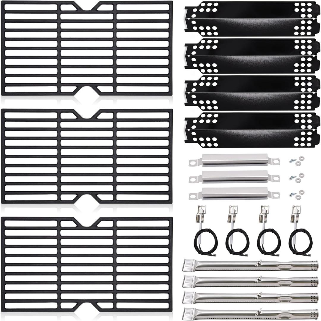 Grill Replacement Parts for Charbroil 4 Burner 463436215, 463439915, 463436213, 463436214, G432-001N-W1, 16 7/8" Cast Iron Grill Grates, Burner Tubes, Heat Plates, Carryover Tubes, Igniters.