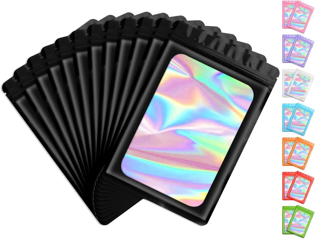 Funfery 100 Pack Resealable Bags Clear Holographic Bags,Smell Proof Packaging Baggies,Mylar Food Storage Bag,Zipper Sealing Pouch for Coffee Beans,Cookies,Jewelry Sample Small Business(Black,4x6in)