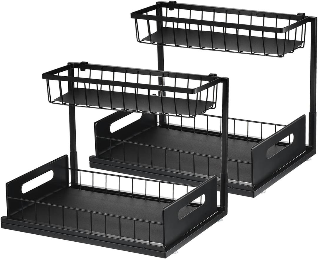 2 Set Under Sink Organizers and Storage, 2 Tier Sliding Bathroom Cabinet Organizer Pull Out Kitchen Cabinet Organizer, Multi-Purpose Basket Organizer Drawer