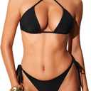 DOBREVA Women's Two Piece Swimsuit Triangle Bikini Sets String Ribbed Sexy Bathing Suit Halter Swimwear (Large, Black)