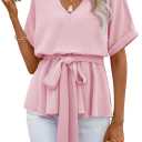 FSHAOES Womens Summer Short Sleeve Blouses V Neck Peplum T-Shirts Tops (Pink)