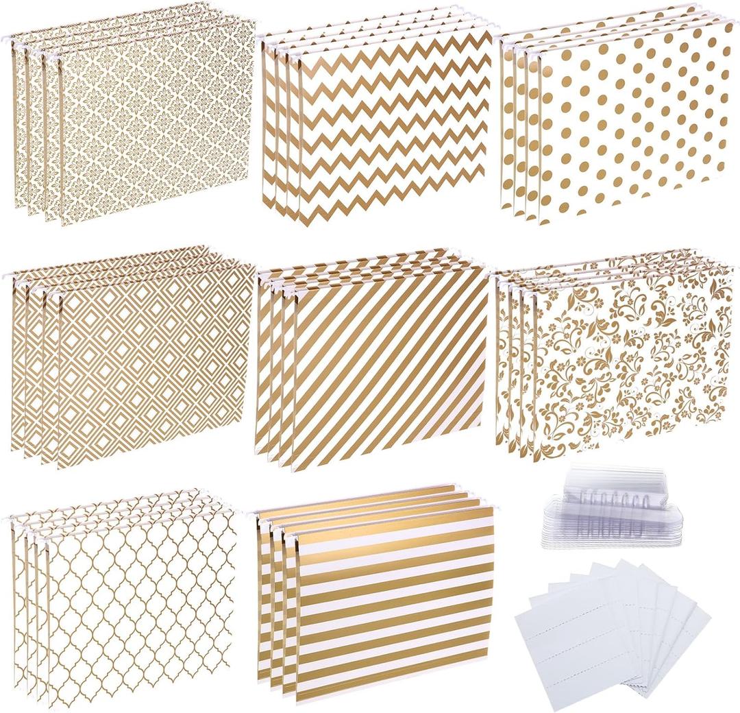 Estune 32 Pcs Decorative Hanging File Folders Letter Size Cabinet File Folders Organizers with 1/5 Cut Adjustable Tabs for Office Desk School Filing Cabinet Home(Gold Stripe)