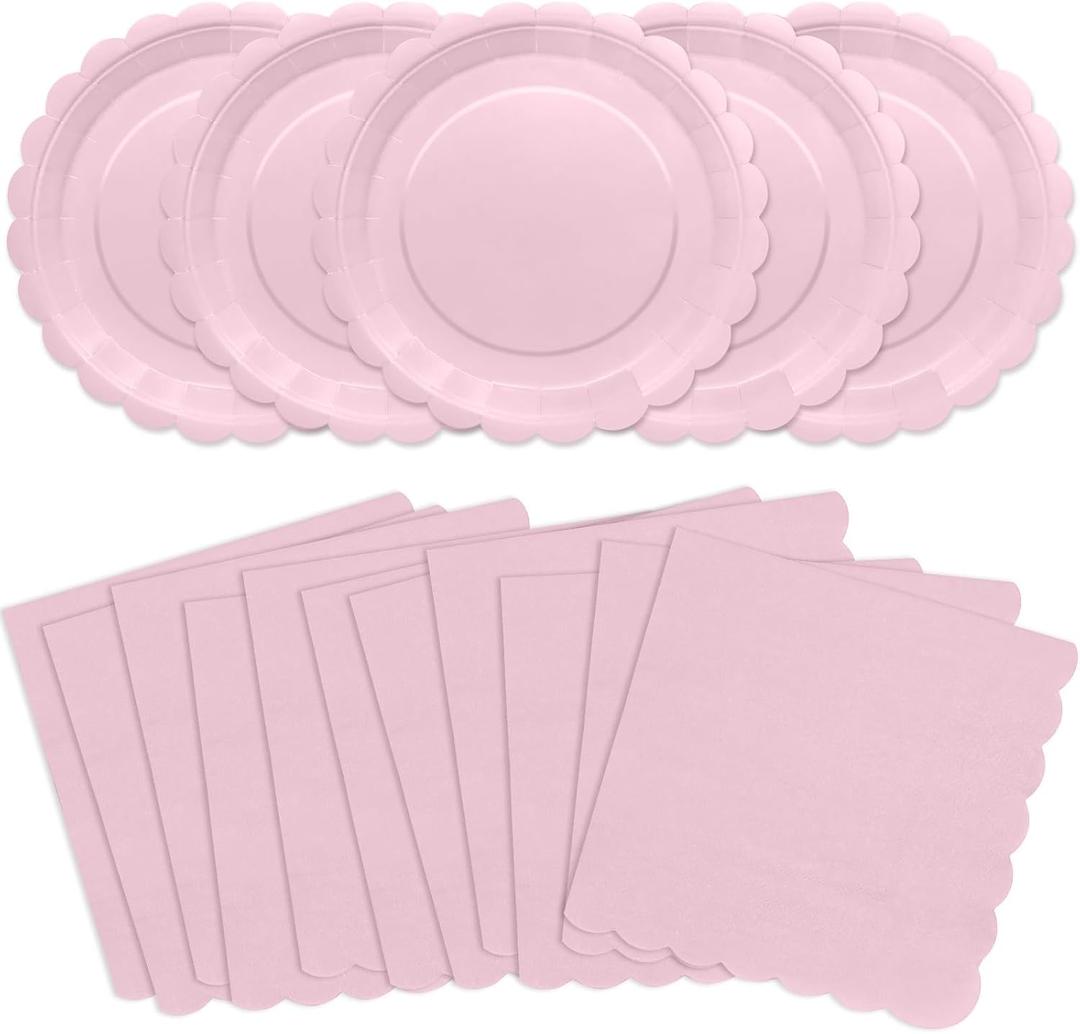 100Pcs Pink Party Supplies Include Pink Paper Plates and Napkins Disposable Pink Scalloped Plates for Birthday Baby Shower Mothers Day