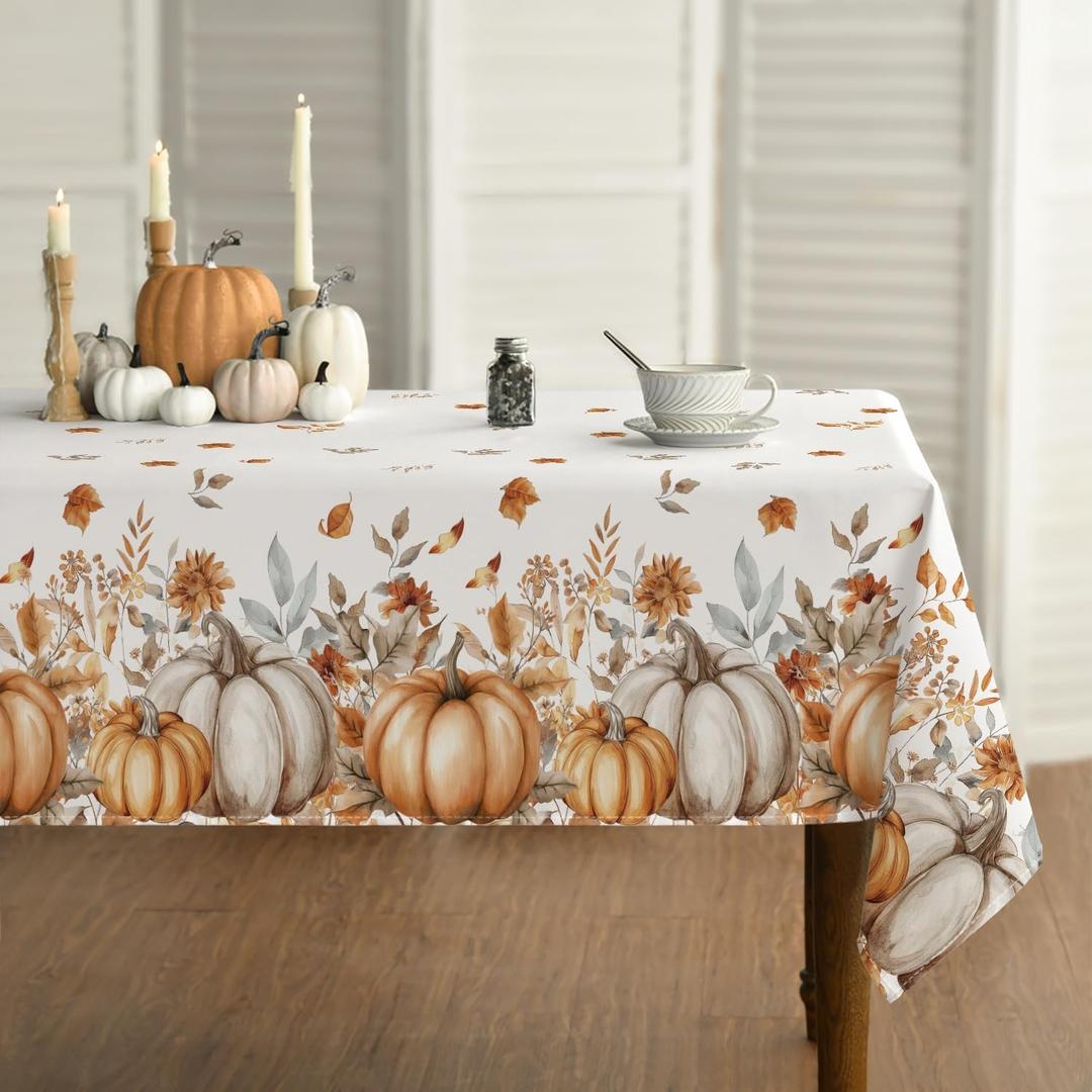 Horaldaily Fall Tablecloth 5270 Inch Rectangular, Orange Grey Pumpkin Autumn Harvest Flower Washable Seasonal Table Cover for Party Picnic Dinner Decor (White)