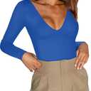 BEINF Women's Sexy Deep V Neck Long Sleeves Double Lined Thong Bodysuit Tops for Going Out Blue, XL