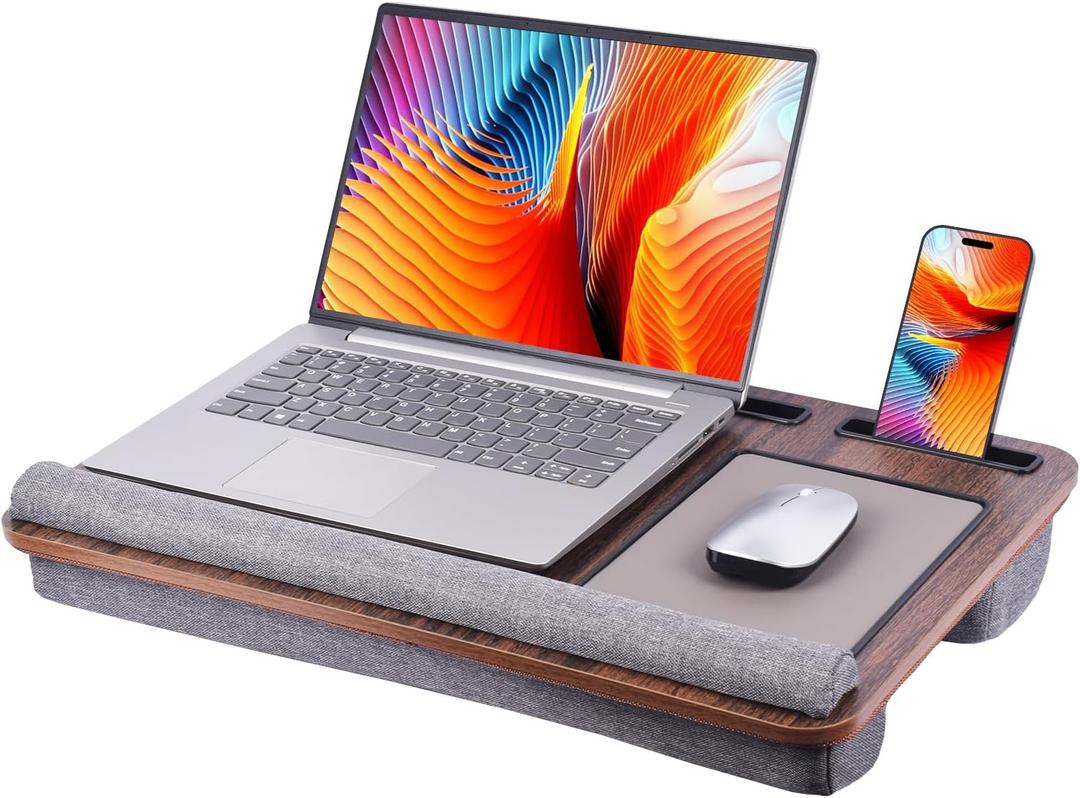 Home Office Lap Desk with Wrist Rest Wrist Rest, Mouse Pad, and Phone Holder Large Laptop Bed Desk for Notebook, Laptop, Tablet, Lap Stand Fits Up to 17 Inch Laptops (Brown)