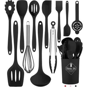 Kitchen Utensils Set-12 Pieces Silicone Cooking Utensils Set Dishwasher Safe 392F Heat Resistant Spatula Set Nonstick Cookware (Black)