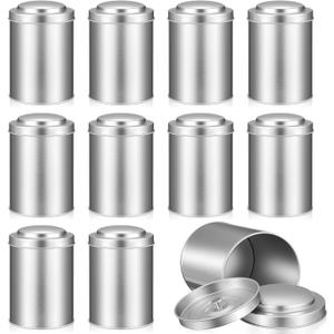 Meanplan 12 Pcs Tea Tin Canister with Airtight Double Lids Round Tin Can Box Small Kitchen Tea Canister Loose Leaf Storage Containers for Loose Bags Coffee Sugar Candy Spices(Silver,16 oz)