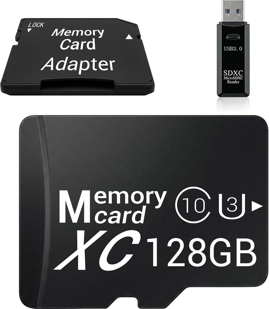 128GB Micro SD Card with Adapter and USB 3.0 Reader Kit, V30 Extended Memory for Home Security Camera and Dash Cam Loop Recording (USB-A Port)