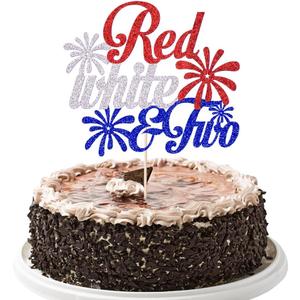 Red White Two Cake Topper 4th of July Independence Day Theme Decor Supplies American National Day Happy Birthday Anniversary Party Decorations (Red silver dark blue)