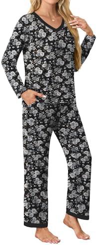 SHIJIALI Women's Pajama Sets 2 Piece Ladies Long Sleeve Lounge Outfits Long Pant Pjs With Pockets XL