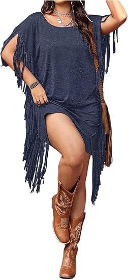 Women's Plus Size Fringe Dress Boho Western T Shirt Dress Tassel Short Sleeve Scoop Neck Cowgirl Short Dresses 3XL