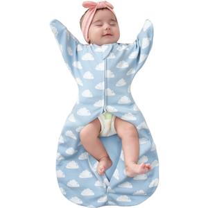 ZIGJOY Baby Transitional Swaddles for Newborns: 0.5 Tog Arms Up Sleep Sack 3-6-12 Months Soft Cotton Shark Fin 2 Way Zipper (Blue Cloud)