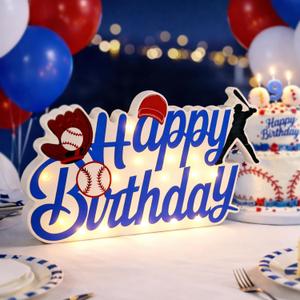 Baseball Birthday Light Up Sign, 15 LED Happy Birthday Wood Decor, Sturdy Density Board with Built-in Battery Box, Sports Themed Party Supplies for Tabletop, Bedroom, Baseball Fan Birthday Decorations