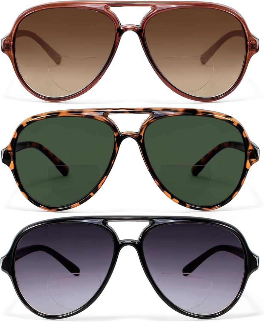 EYEGUARD 3 Pack Retro Aviator Bifocal Reading Sunglasses for Women Men UV400 Protection Classic Square Sun Readers