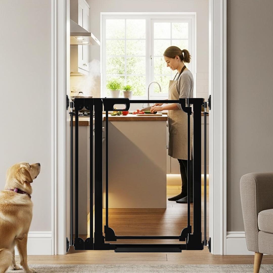 40" Clear Tall Baby Gate with Door, 29.5"-37.7" in Wide Pet Gates for Large Dogs Cats, Walk Thru Extra High Doggie Gates Doorways Stairs Indoor, Pressure Mounted Safety Gates, Black