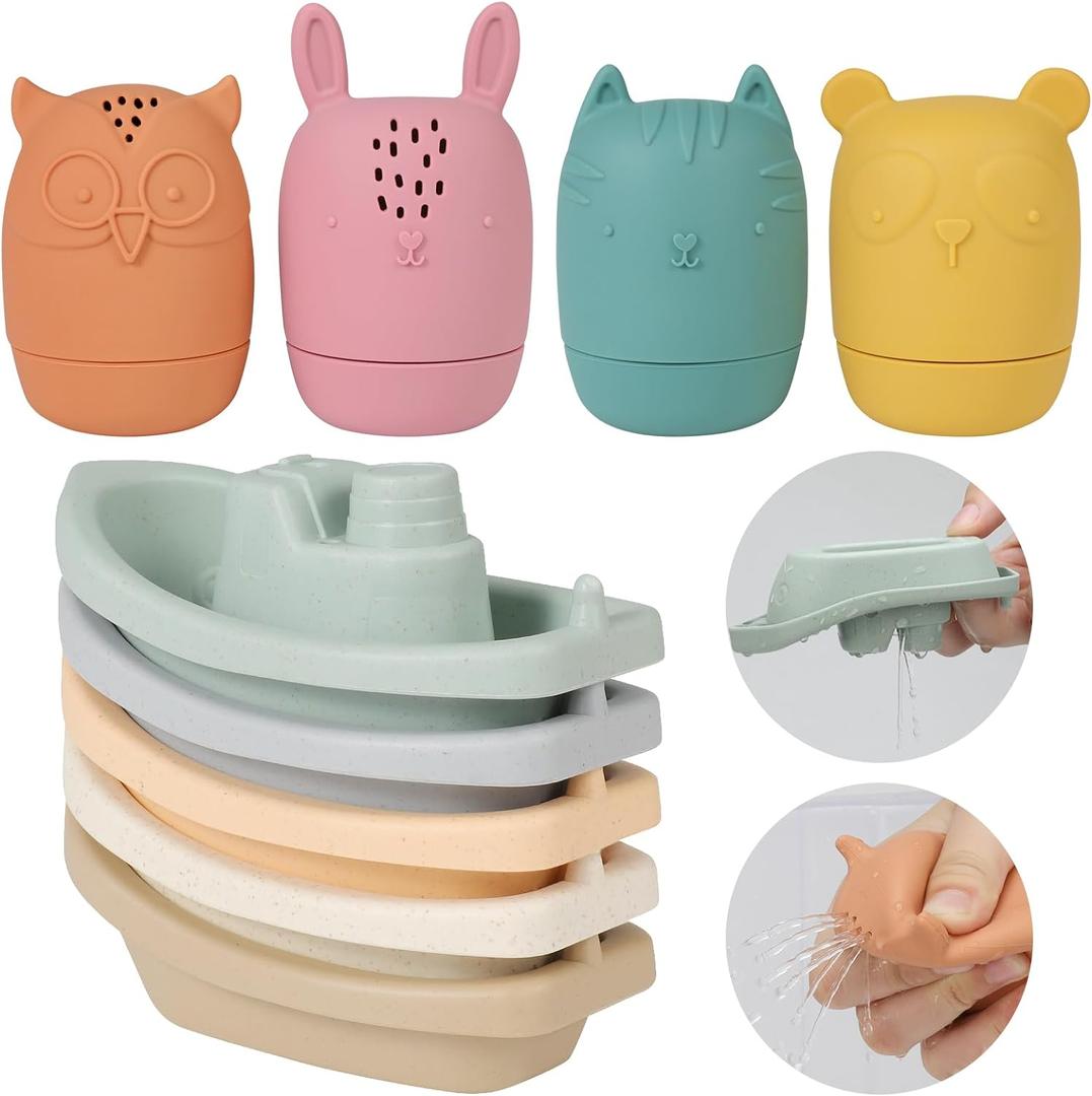 Bath Toys Floating Boats with Silicone Bathtub Toy,9pcs Mold Free Baby Bath Toys for Infants 6-12-18 Months,Water Table Toy for Toddlers 1-3,Shower Toys Pool Toys for 1 2 3 4 Boys Girls Kids