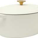 Crock Pot Artisan 7-Quart Oval Dutch Oven With Lid, Enameled Cast Iron, Linen White With Gold Knob, Heavy-Duty Cookware for Baking, Braising, Roasting & Slow Cooking