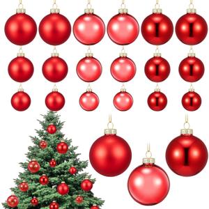 18 Pcs Glass Christmas Ball Ornament Set 1.18'' 1.57'' 2.36'' Christmas Tree Decoration Baubles Matte Shiny Clear Hanging Glass Balls Bulk for Xmas Tree Party Holiday Decor Gifts(Red)