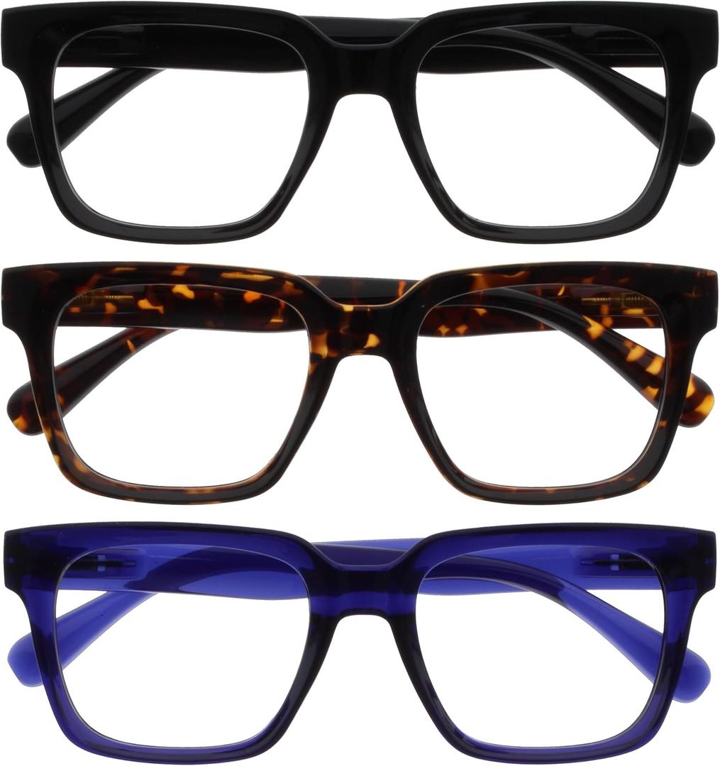 OPULIZE ERA Blue Light Blocking Reading Glasses for Women & Men-Anti-Glare-UV400 Protection-Oversized Frame-Computer Screen Glasses-Black Brown Blue-+1.50(Pack 3 of with 3 Pouches)