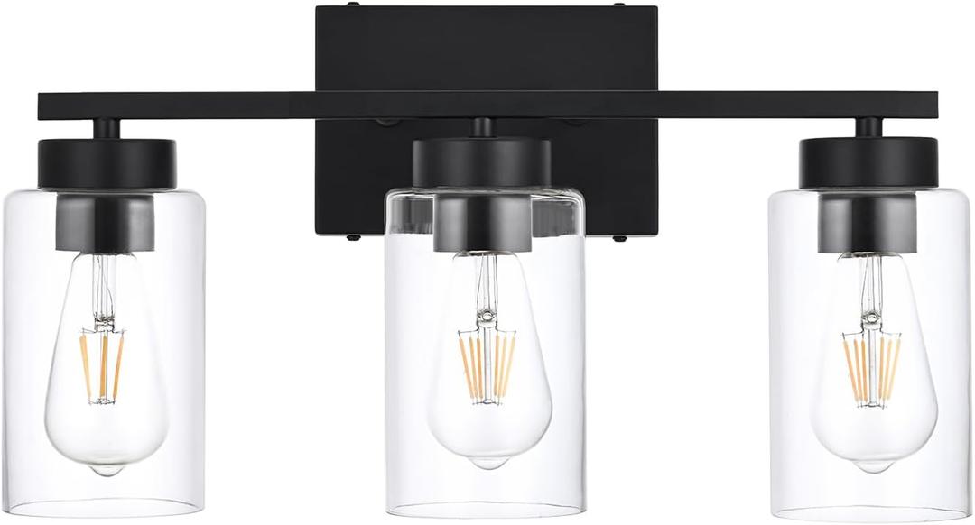 3-Light Bathroom Vanity Light, Modern Black Wall Lights with Clear Glass Shades, Bathroom Wall Sconce Lamp for Mirror Living Room Bedroom Hallway