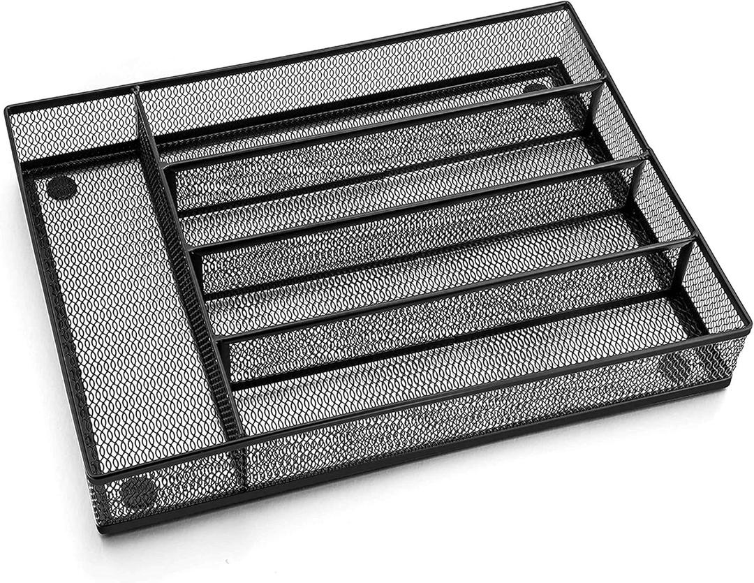 LIANYU Silverware Utensil Drawer Organizer, 5 Compartments Steel Mesh Cutlery Flatware Tray with Foam Feet, 9 1/4" W x 12 1/2" L x 2" H, Black