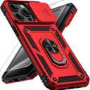 Vinve for iPhone 15 Pro Max Case, Slide Lens Cover, HD Screen Protector, Military Grade Drop Protection, Magnetic Rotated Ring Holder Kickstand Protective Phone Case (Red)