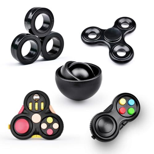 Yrissmiss Fidget Toys Adults Pack 5Pcs,Fidget Spinner with Magnetic Rings Gyro,Fidget Controller Autism Sensory Toys,ADHD Stress Anxiety Desk Fidgets,Easter Basket Stuffers for Kids Teen Boys(BK)
