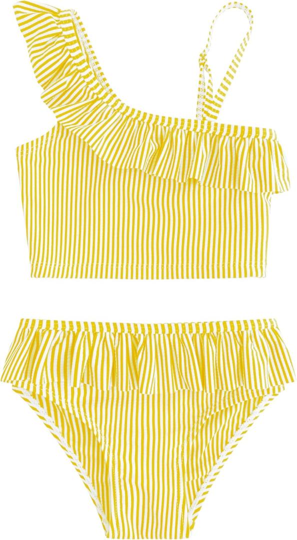 LIZENS Girls Two Piece Swimwear Ruffle Trim 2-12Years Flounce Striped Beach Bathing Suit (3-4T, Yellow)