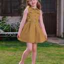 OBEEII Toddler Girls Denim Jeans Dress Sleeveless Summer Casual Lapel Collar Pleated Ruffle Dress with Belt Kids Spring Birthday Tea Party Cute Flap Pockets A-line Sundress Brown 2-3 Years
