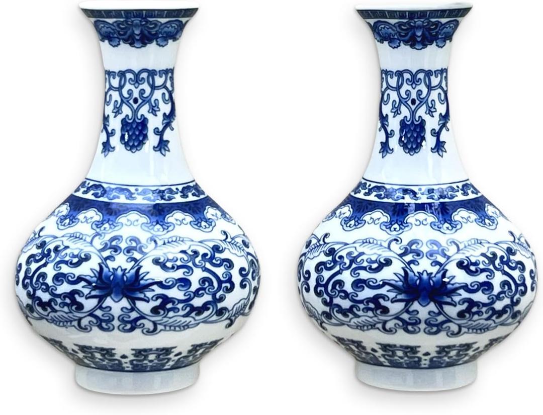Chinese Blue and White Porcelain Wall Vases for Flowers, Set of 2 Handmade Chinoiserie Ceramic Wall Hanging Vases, Home Dcor for Living Room, Bookshelf, and Indoor Ceramic Decor (Shape 1)