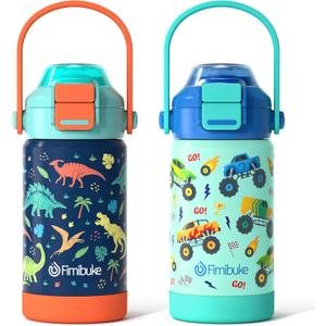 Fimibuke Kids Insulated Water Bottle with Pop-Open Straw & Spout 2-in-1 Lid, 14oz Leak Proof 18/8 Stainless Steel Vacuum Tumbler, BPA-Free Kids Cup For Travel School Girls Boys Toddler 2 Packs (A4.Dinosaur+Monster Car)