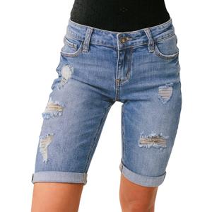 luvamia Women High Waisted Stretch Bermuda Shorts Ripped Rolled Hem Jean Shorts (Large, A Washed Blue)