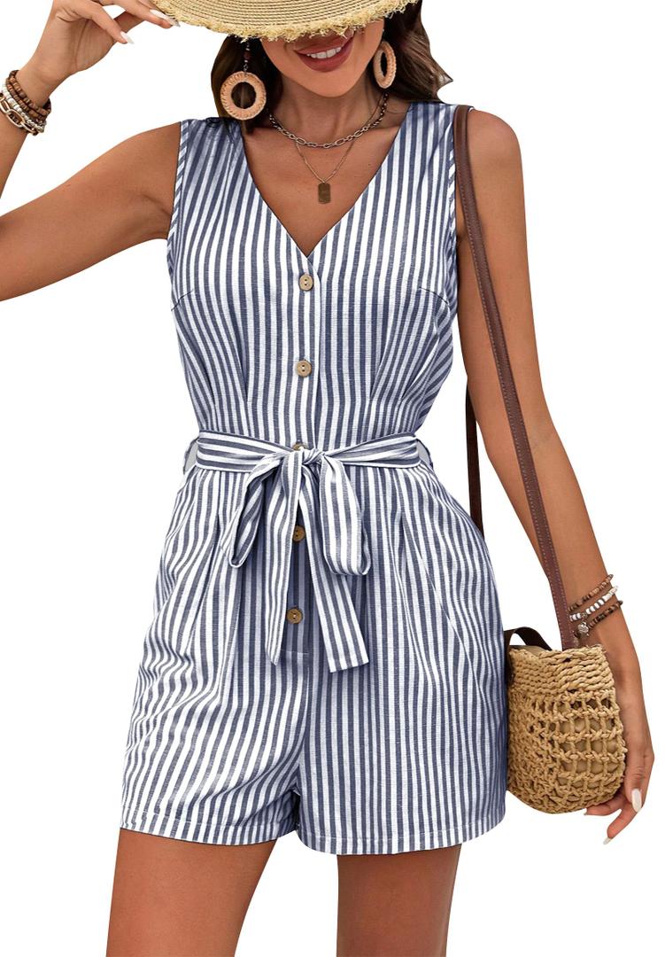 Sumtory Sleeveless Rompers for Women Summer Beach Romper Shorts Button Up V Neck Striped Linen Jumpsuit Navy S (S)