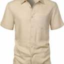 ZEROYAA Men's Linen Shirts Short Sleeve Summer Casual Button Down Beach Shirt with Pocket (Beige, L)