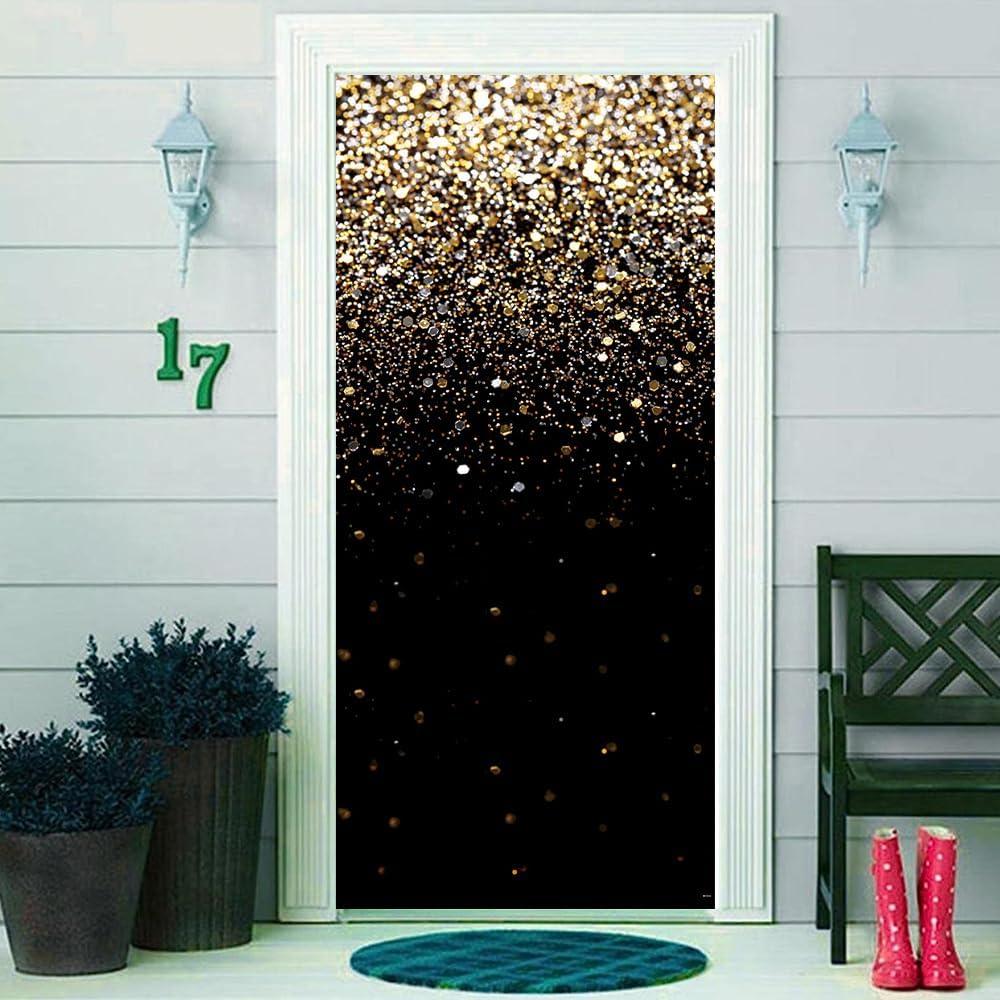 35.4x72.8 Inches Black and Gold Glitter Door Banner Yard Sign Golden Sparkle Bokeh Sequin Spots Birthday Party Door Decorations Polyester Fabric Supplies Indoor Outdoor