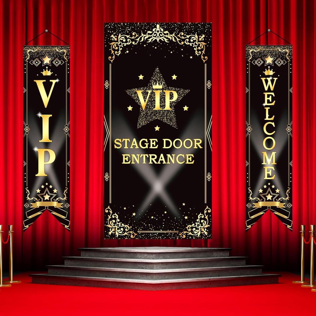 3 Pcs VIP Party Decorations VIP Stage Door Entrance Movie Night Banner Porch Sign Star Stage Door Porch Banner Theme Doors Cover for Movie Night Music Award Party Supplies
