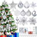 76Pcs Christmas Tree Decorations Set, Silver Hanging Ornaments w/Bulk Shatterproof Plastic Balls, Artificial Poinsettia Flowers, Glitter Berries Stems for Indoor Xmas Home Holiday Party Decor