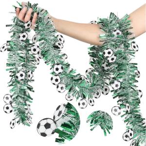Soccer Tinsel Garland, 52FT Green Silver Artificial PET Garland with Soccer Cutouts, Reusable Hanging Decor for Soccer Party, Banquet, Senior Night, Graduation, Game Day Indoor Outdoor Football Decor