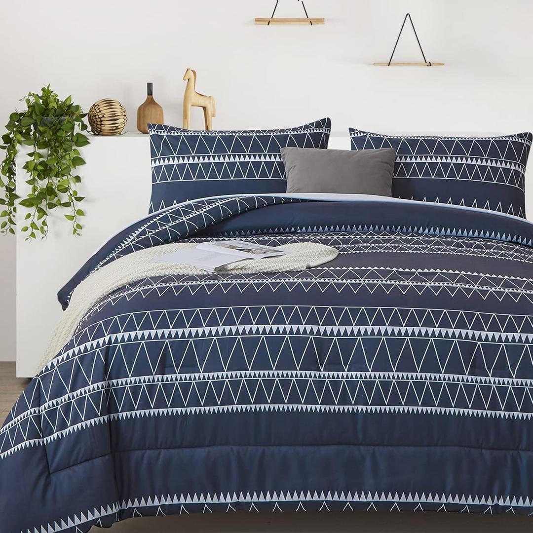WONGS BEDDING Navy Blue Comforter Set King,Reversible Boho Triangle Down Alternative Comforter Set for King Bed - 3 Pieces (1 Comforter + 2 Pillowcases), Soft Microfiber Duvet Insert 104"x 90"