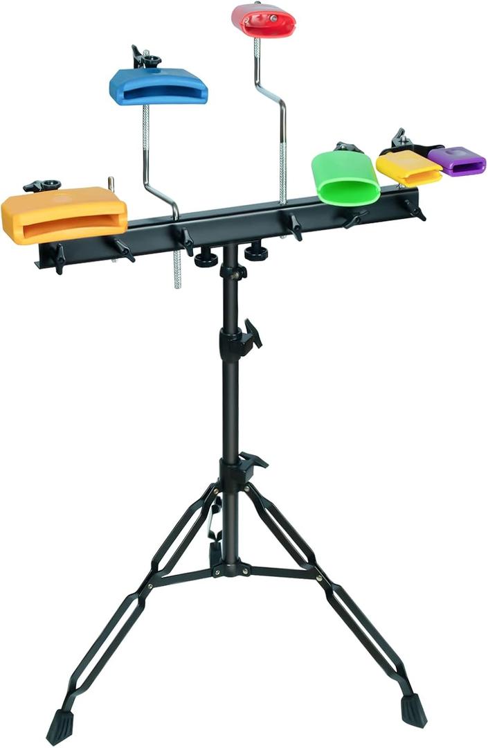MUSCELL Jam Block Set Percussion Stand - Complete with Heavy Duty Mounting Bracket and Stand Included, 6 Different Coloured Jam Blocks Ideal for Professional Band, Beginners and Adults