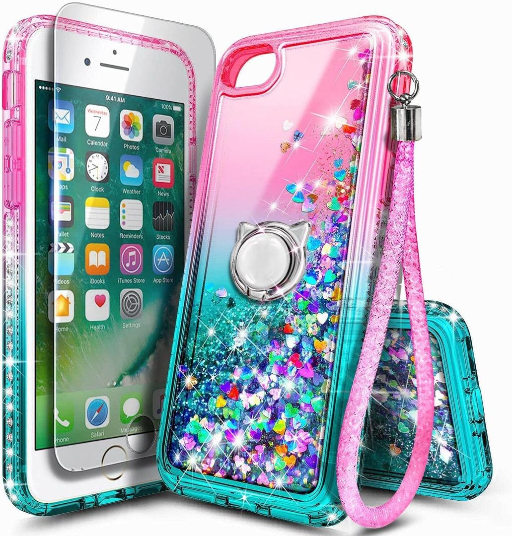 NGB Designed for iPhone 5/5S/iPhone SE (1st Generation 2016) Case, Pink/Aqua | Glitter Liquid Cute Cover for Women Girls Kids | with Tempered Glass Screen Protector & Ring Holder & Wrist Strap