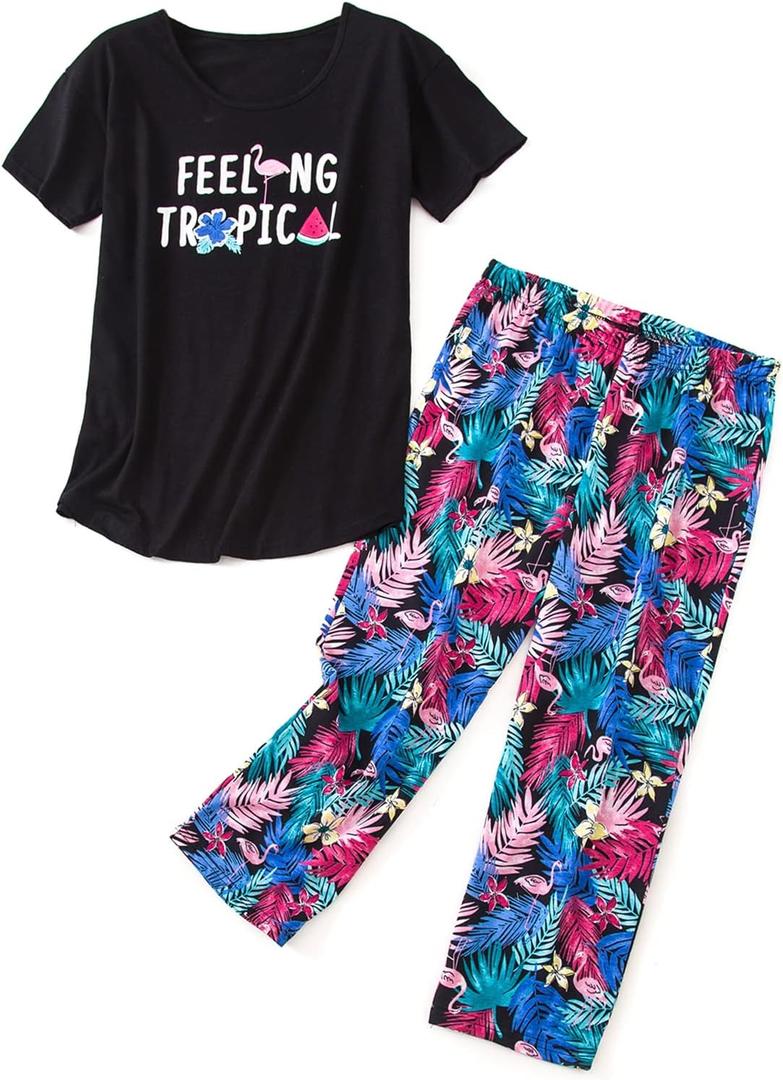 SISKIN Womens Pajama Sets - Capri Pajamas for Women Set Plus Size Sleepwear Tops with Capri Pants Summer Pjs Sets (Size XX-Large, Black Colorleaf - Feeling Tropical)