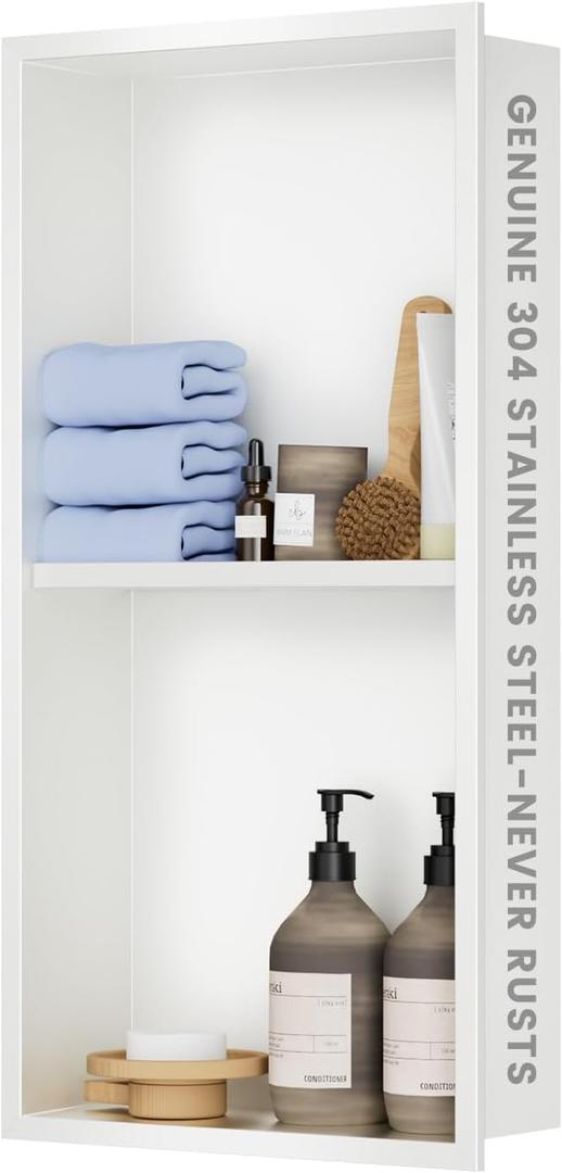 304 Stainless Steel Shower Niche Insert-Glossy White 24 x 12 No Tile Needed Bathroom Niche for Shower Wall-Double Shelves Built in Shower Shelf-Waterproof Recessed Cabinet for Bathroom