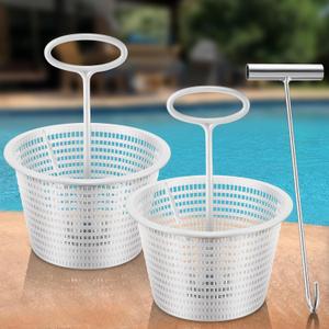 Saillong 2 Pack 8" Pool Skimmer Basket for Inground Pool with 2 White Skimmer Basket Handle and 1 Stainless Steel Hook, White Universal Pools Filter Baskets Skimmers for Debris Removal, Keep Hands Dry