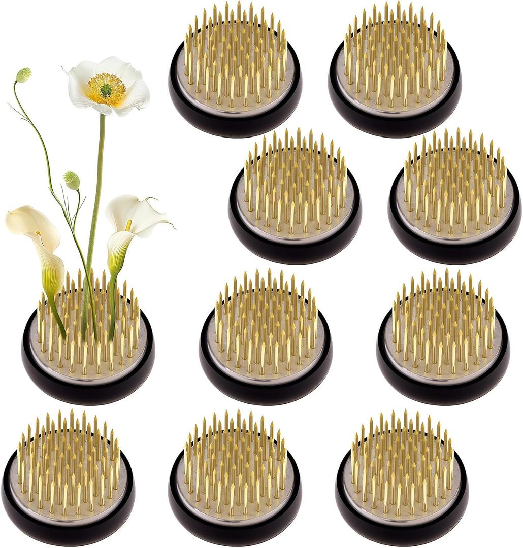Woration 10Pcs Ikebana Stem Holder Gold Flower Frog with Rubber Base Floral Arrangement Pin Frog 1.34inch Round Kenzan for Garden Home Decoration DIY Craft