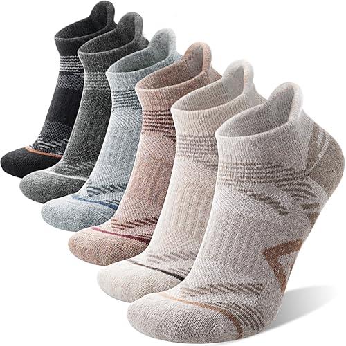 ANTSANG Merino Wool Ankle Hiking Socks Compression Warm Thermal Thick Cushion Winter Running No Show Moisture Wicking Socks Gifts Stocking Stuffers for Women Men 6 Pairs(Brown/Grey/Black,L)