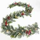 6FT Flocked Cedar Garland with Lights Timer, Prelit Christmas Garland Pinecones & Red Berries Warm White Lights, Lighted Cypress Garlands Battery Operated Christmas Decor Mantel Table Indoor Outdoor