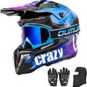 Adult ATV Dirt Bike Helmet with Goggles Gloves & Mask Quick Release Buckle Adjustable Sun Visor Motorcycle Adult Helmet Off-Road Motocross Downhill Moped MX for Unisex-Adult (Medium, Crazy Blue)