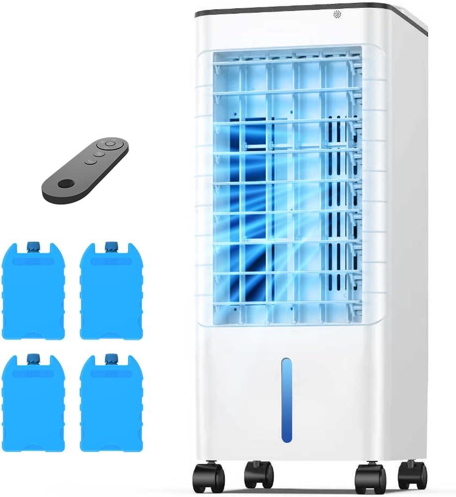 Windowless Portable Air Conditoners, 12H Timer &1.16Gal Tank, 45° Oscillation, 3-IN-1 Portable AC with Remote, 3 Modes 3 Speeds, Fast Cooling Quiet Ventless Swamp Cooler for Home, 3 Ice Packs, White